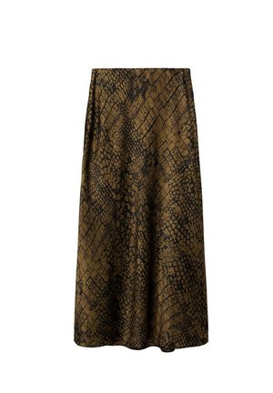 Gonna midi marrone con un motivo rettile nero texturizzato, tessuto liscio, taglio svasato e vita alta per una vestibilità comoda.