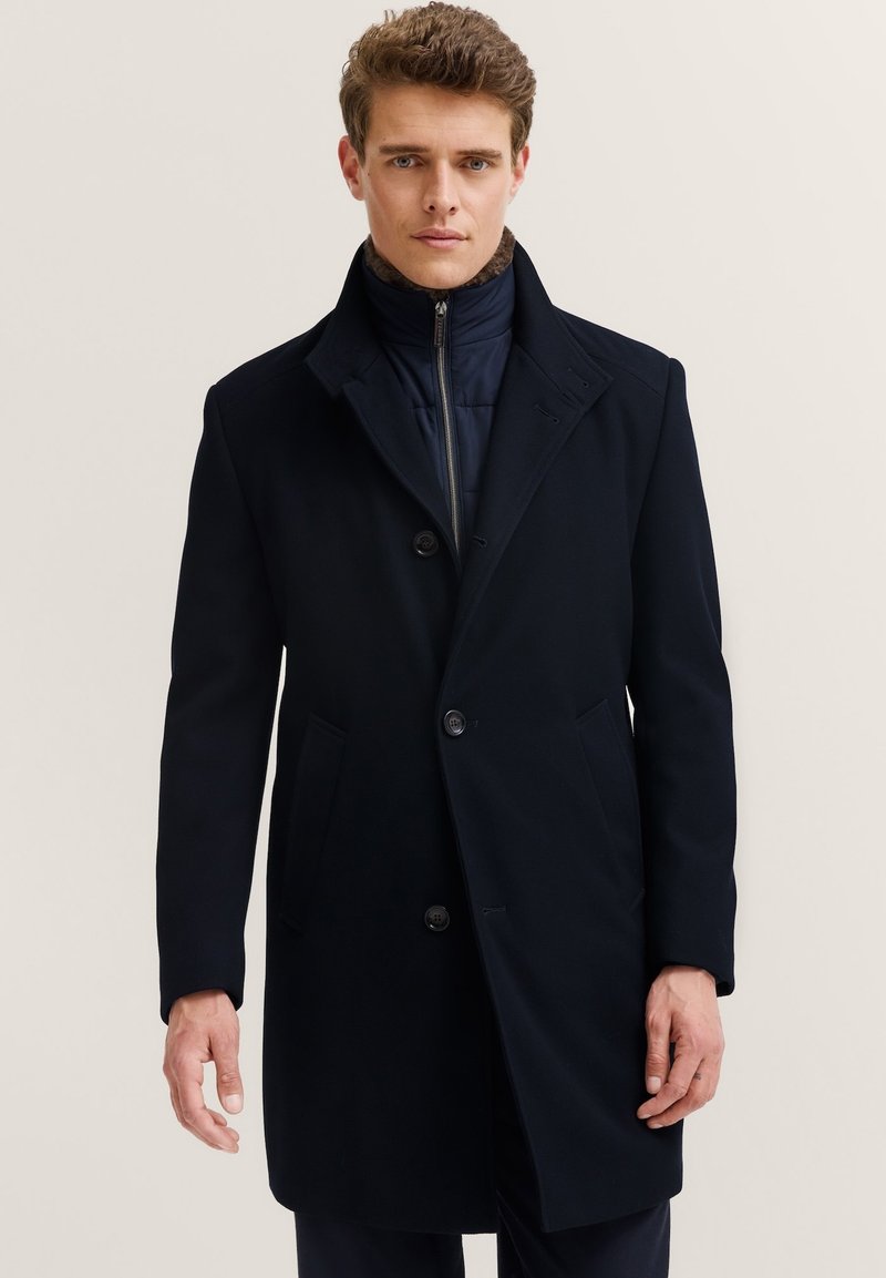 Navy blue wool coat with a notched collar, six buttons, and two side pockets. Features a zippered inner layer for added warmth.