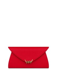 Červená syntetická kabelka přes rameno s trojúhelníkovým klopou, která má na přední straně zlatý akcent ve tvaru vlny a hladkou texturu.