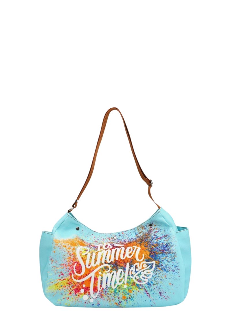Borsa a spalla turchese con manico in pelle marrone, caratterizzata da un design a macchie colorate e dalla scritta "Summer Time" in bianco.