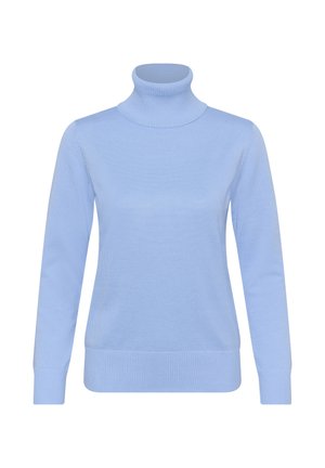 Pulover cu guler înalt, de culoare albastru deschis, realizat dintr-un material tricotat moale. Are mâneci lungi, croială ajustată și margini și guler cu model reiat.