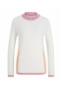 Maglione bianco a maniche lunghe, con un collo rotondo a righe rosa e strisce arancioni sui lati. Tessuto liscio con dettagli a coste.