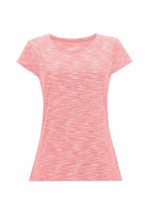 Camiseta de mujer ajustada de manga corta y cuello redondo en rosa con un sutil patrón jaspeado y costuras visibles en las costuras laterales.