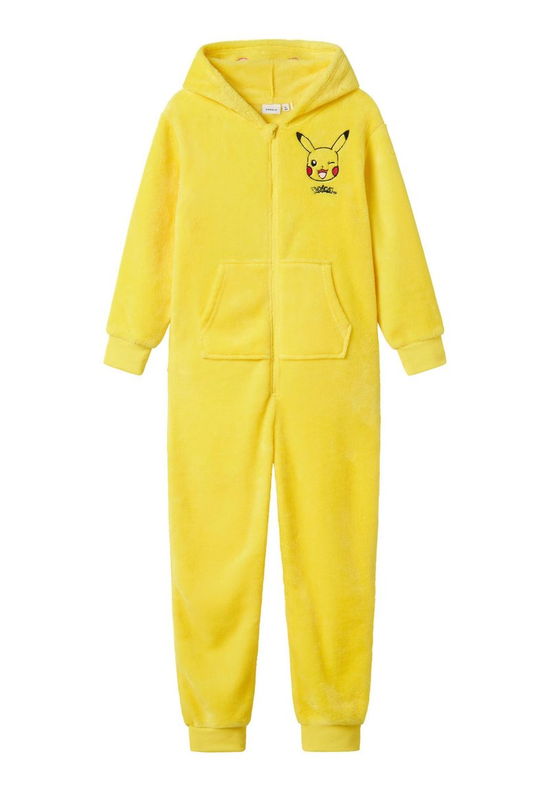 Żółty polarowy kombinezon z kapturem, z haftem twarzy Pikachu, przednią kieszenią i ściągaczami na rękawach. Miękka tekstura o żywym kolorze.
