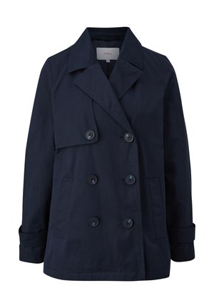 Marineblauwe dubbelzijdige peacoat met grote knopen, gesneden kraag en zijzakken, gemaakt van een katoenmengsel met een soepele textuur.