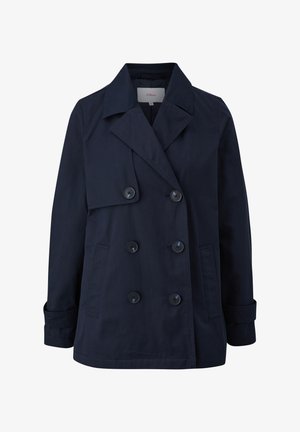 Marineblauwe dubbelzijdige peacoat met grote knopen, gesneden kraag en zijzakken, gemaakt van een katoenmengsel met een soepele textuur.