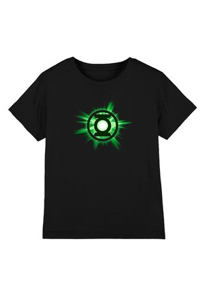 Schwarzes T-Shirt mit kurzen Ärmeln und einem leuchtend grünen Green Lantern-Logo in der Mitte der Brust.