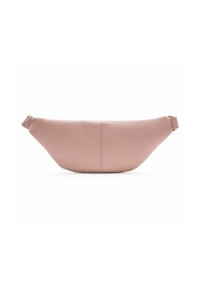 Rosa Lederhandtasche mit gebogener Form, strukturierten Oberflächen und einem kleinen Seitenriemen. Merkmale ein nahtloses Design ohne sichtbare Beschläge.