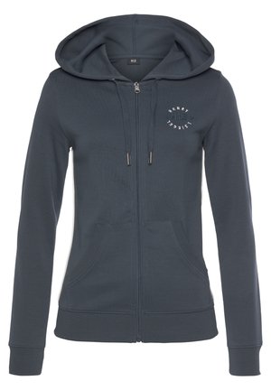 Dunkelgrauer Reißverschluss-Hoody mit Frontlogo, Kordelzugkapuze und seitlichen Taschen. Hergestellt aus weichem Stoff mit gerippten Bündchen und Saum.