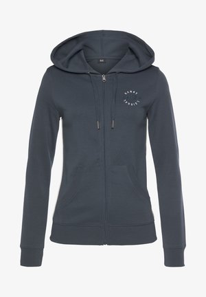 Dunkelgrauer Reißverschluss-Hoody mit Frontlogo, Kordelzugkapuze und seitlichen Taschen. Hergestellt aus weichem Stoff mit gerippten Bündchen und Saum.