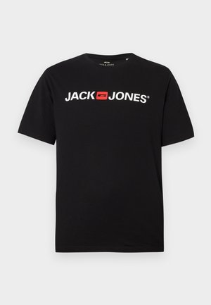 Melnas kokvilnas T-krekls ar apaļu kakla izgriezumu, ar baltu "JACK & JONES" tekstu treknā fontā un sarkanu akcentu kasti. Īsas piedurknes.