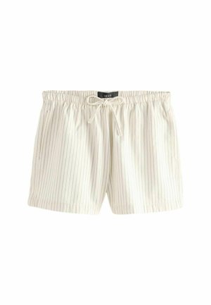 Shorts clairs en crème avec des rayures verticales bleues, en tissu doux, dotés d'une taille élastique avec cordon de serrage et de poches latérales.