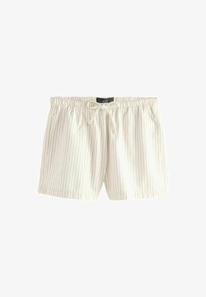 Lyscreme shorts med vertikale blå striber, lavet af blødt stof, med en elastisk talje og snoretræk samt sidelommer.