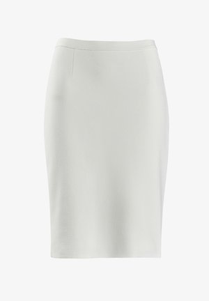 Bela svila krilo s gladko teksturo, prilegajoča se zasnova in subtilni stranski šivi. Srednje dolžine, brez vidnih delov ali vzorcev.