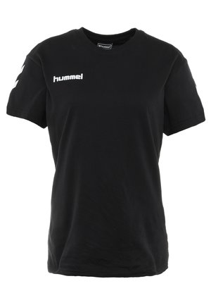 Black cotton t-shirt with a round neck, short sleeves, and white "hummel" logo on the chest. Smooth texture, classic fit.