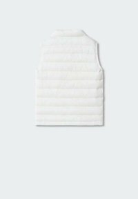 White, puffy, sleeveless vest with a collared neckline, featuring horizontal quilted stitching and a smooth, soft texture.
