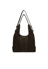 Borsa hobo in suede marrone con doppie tracolle, parte superiore curva, patch con logo in rilievo e forma aerodinamica con dettagli di cuciture sottili.
