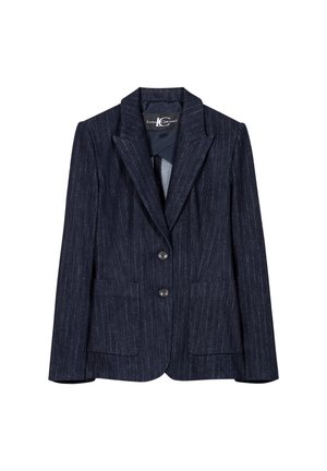 Dark blue pinstripe blazer with two buttons, peak lapels, and two front pockets. Textured fabric with a subtle sheen. Lined interior.