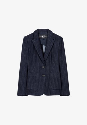 Dark blue pinstripe blazer with two buttons, peak lapels, and two front pockets. Textured fabric with a subtle sheen. Lined interior.