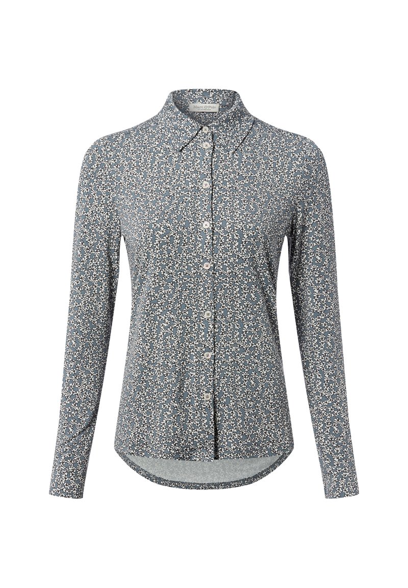 Long-sleeve button-up shirt in blue with a floral pattern. Features a pointed collar and a curved hem. Made from a lightweight fabric.