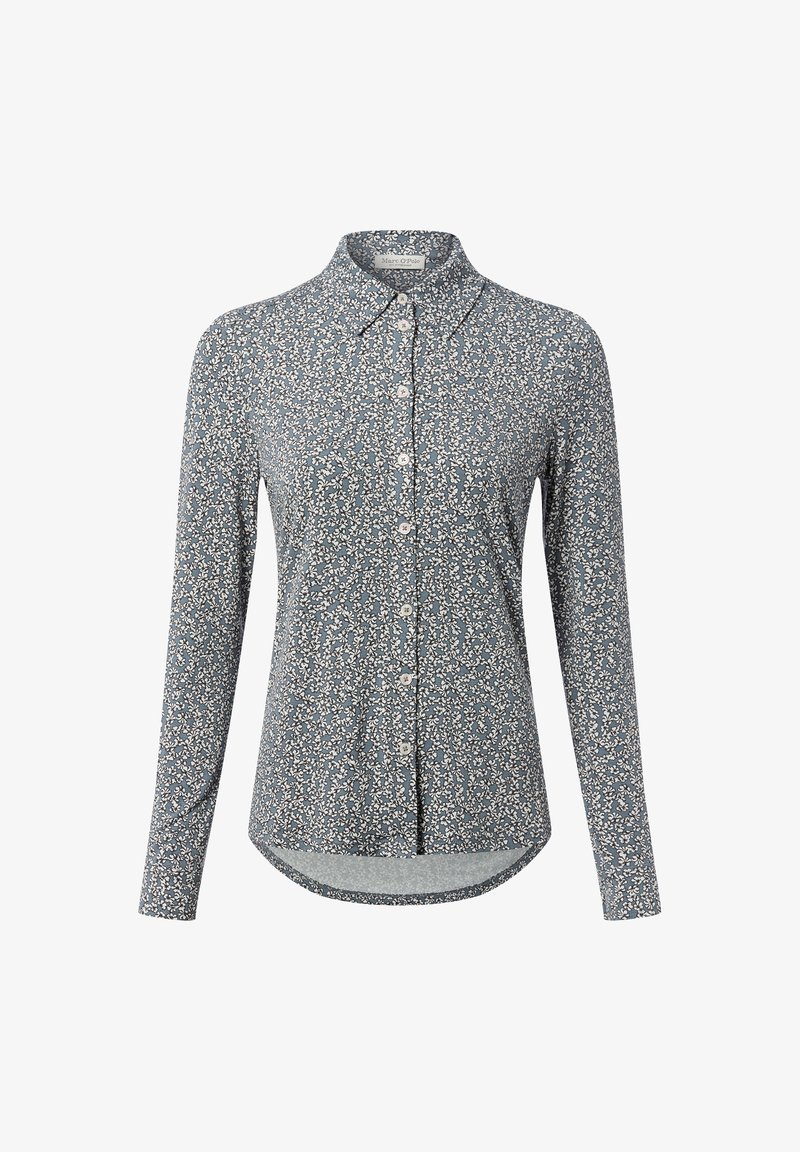 Long-sleeve button-up shirt in blue with a floral pattern. Features a pointed collar and a curved hem. Made from a lightweight fabric.
