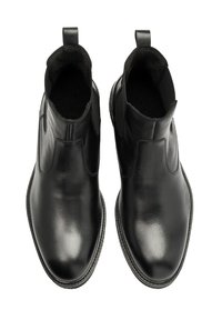 Czarne skórzane botki za kostkę o gładkim wykończeniu, z elastycznymi bocznymi panelami i pętlami do łatwego zakładania. Zaokrąglony czubek i płaskie podeszwy.