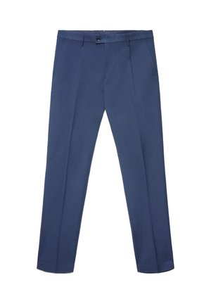 Marineblaue, maßgeschneiderte Hose mit Knöpfen und Gürtelschlaufen, Seitentaschen und vorderem Bügelfalz auf weißem Hintergrund.