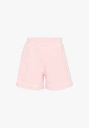 Shorts in cotone rosa chiaro con vita elastica, due tasche laterali e dettagli di cuciture bianche sull'orlo e sulle tasche.