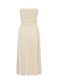 Robe maxi beige bustier avec corsage froncé et jupe froncée, fluide et longue jusqu'au sol.