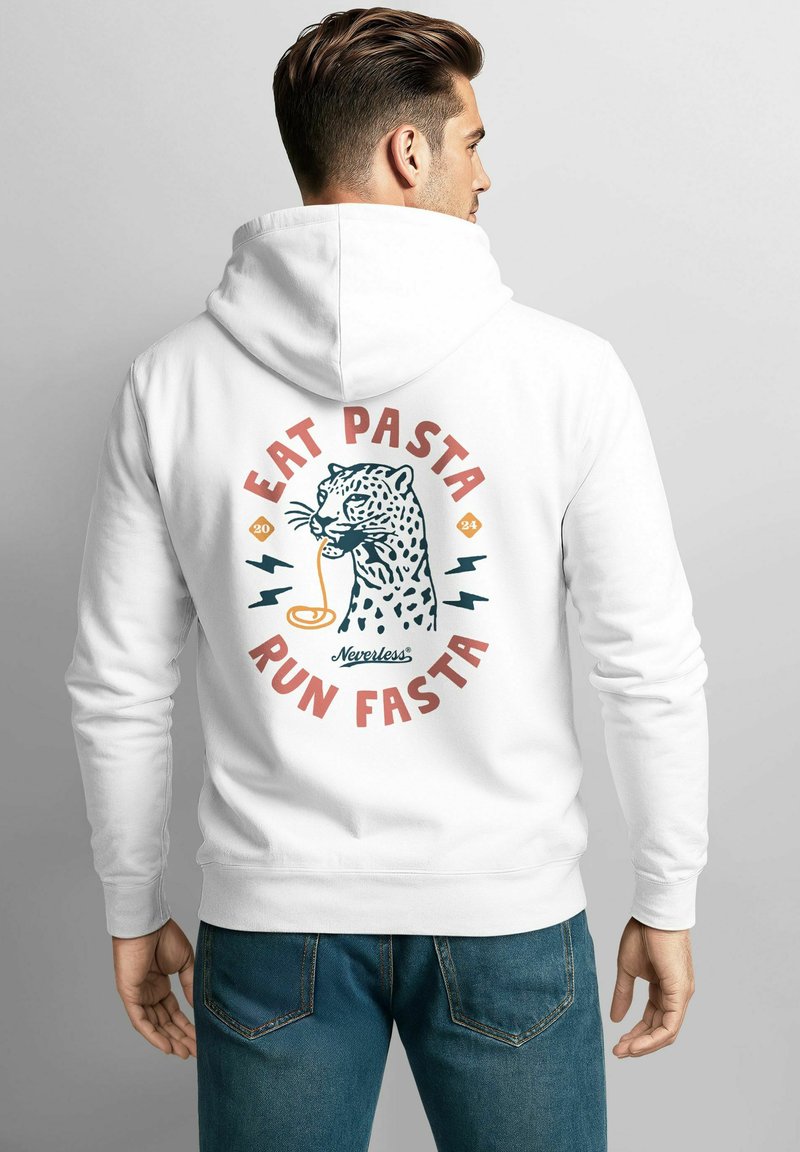White hoodie featuring a graphic of a leopard eating pasta, surrounded by the text "EAT PASTA RUN FASTA" in red and teal.