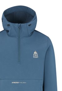 Blauer Pullover-Jacke mit hohem Kragen, halbem Reißverschluss, verstellbaren Kordeln und bedruckten Logos an der Brust und dem Saum. Weicher Textur, minimalistisches Design.