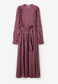 Robe à manches longues, mi-longue en tissu violet foncé présentant un motif de feuilles, des épaules froncées et une ceinture à nouer avec un devant boutonné.