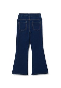 Pantalones acampanados de color azul marino con una cinturilla elástica, que presentan dos bolsillos traseros y costuras en contraste a lo largo de las costuras.