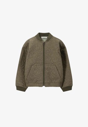 Quilted bomber jacket in olive green, featuring an all-over embossed smiley face pattern, with ribbed cuffs and waistband, and a front zipper.