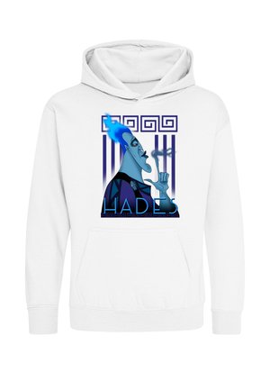Witte hoodie met een blauw stripfiguurtje met brandend haar dat een sigaret rookt, omlijst door Griekse stijl zuilen en het woord "HADES" eronder.