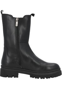Stivale in pelle nera alla caviglia con cerniera laterale, suola in gomma spessa e linguetta sul retro. Design minimalist con una superficie liscia.