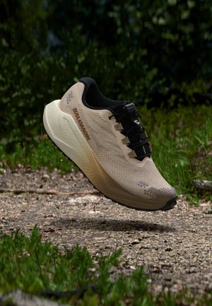 Chaussure de trail running Salomon beige et noire en l’air au-dessus d’un chemin de gravier avec un feuillage vert en arrière-plan flou.