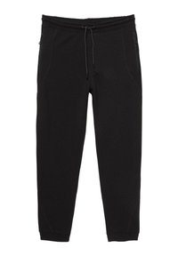 Pantaloni de trening negri dintr-un material moale; talie elastică cu șnur, două buzunare laterale și picioare conice cu mansete la glezne.
