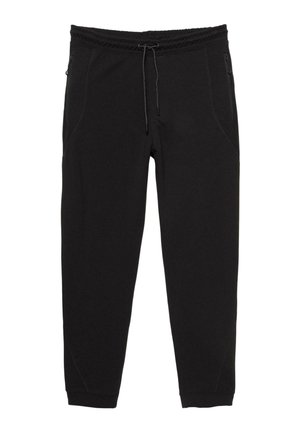 Zwarte zachte joggingbroek; elastische tailleband met trekkoord, twee zijzakken en taps toelopende pijpen met cuffs bij de enkels.