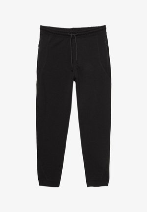 Schwarze Jogginghosen aus weichem Stoff; elastischer Bund mit Kordelzug, zwei Seitentaschen und schmal zulaufende Beine mit Bündchen an den Knöcheln.