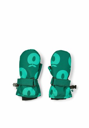 Moufles vertes pour enfants avec des motifs abstraits de cercles vert clair et des sangles réglables, présentées à plat avec les pouces tournés vers l’intérieur.