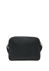 Borsa a spalla rettangolare nera realizzata in materiale sintetico testurizzato. Presenta una chiusura con zip e una tracolla regolabile.