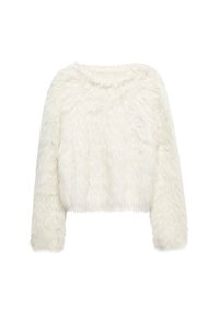 Biały sweter z sztucznego futra, krótki, z długimi rękawami i dekoltem w kształcie V. Teksturowany, miękki wygląd z luźnym krojem. Brak widocznych zapięć.