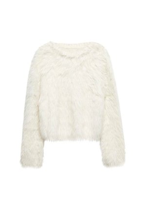 Witte nepbont cropped sweater met lange mouwen en een V-hals. Gelaagd, zachte uitstraling met een losse pasvorm. Geen zichtbare sluitingen.