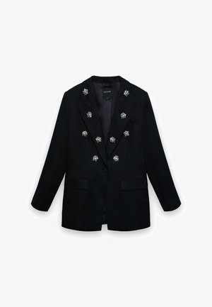 Blazer noir croisé avec des broches florales argentées en guise d'embellissements et des poches à rabat, taille petite étiquetée.