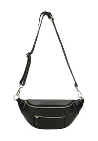 Marsupio in pelle nera con forma curva, superficie testurizzata, zip dorate e tracolla regolabile. Presenta una tasca frontale con zip.