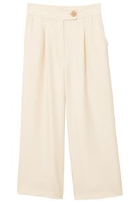 Zijden brede broek in lichtbeige stof, met een vlakke voorkant, decoratieve knoopsluiting en subtiele plooien voor extra ontwerpdetaillering.