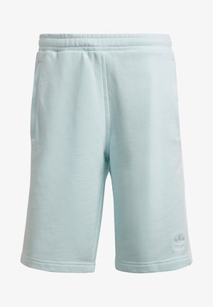 Personne portant un short de sport bleu clair avec des rayures blanches sur les côtés, un t-shirt blanc et des baskets blanches, une main dans la poche.
