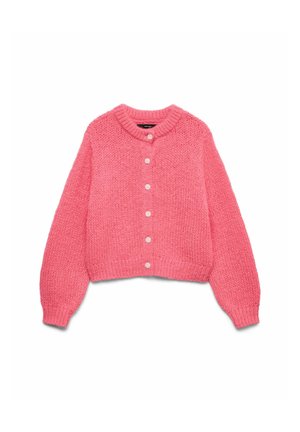 Rožinė megzta kardiganas su apvaliomis iškirptėmis, ilgomis rankovėmis ir penkiomis baltomis sagomis per priekį. Tekstūruotas audinys, trumpas siluetas.