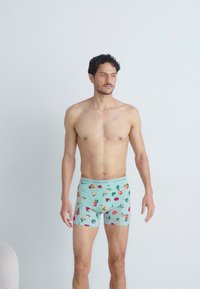 Helleblaue Boxershorts mit einer Vielzahl bunten Obstmustern. Der Stoff wirkt weich und dehnbar mit einem elastischen Bund.